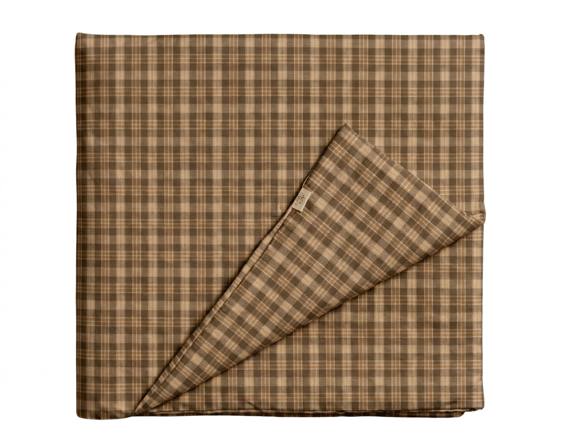 Brown plaid quilted crib blanket, hand-tufted, laid flat to show the plaid pattern and stitched detail.