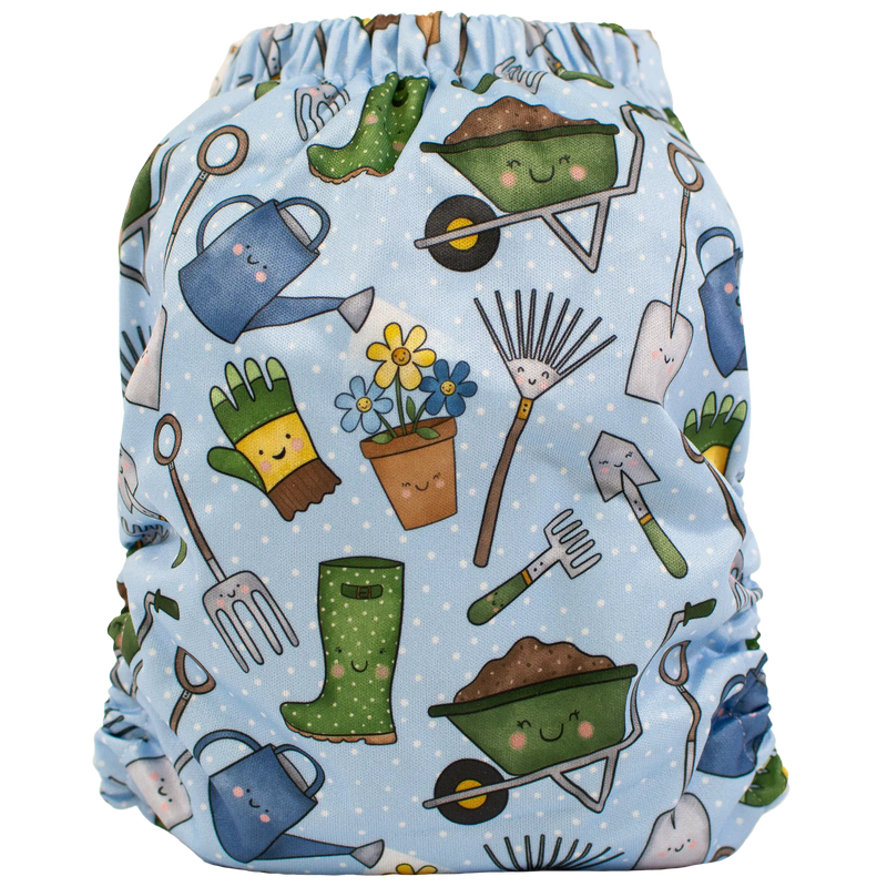 Slim Fit Pocket Cloth Diaper featuring a gardening-themed print with tools and plants.