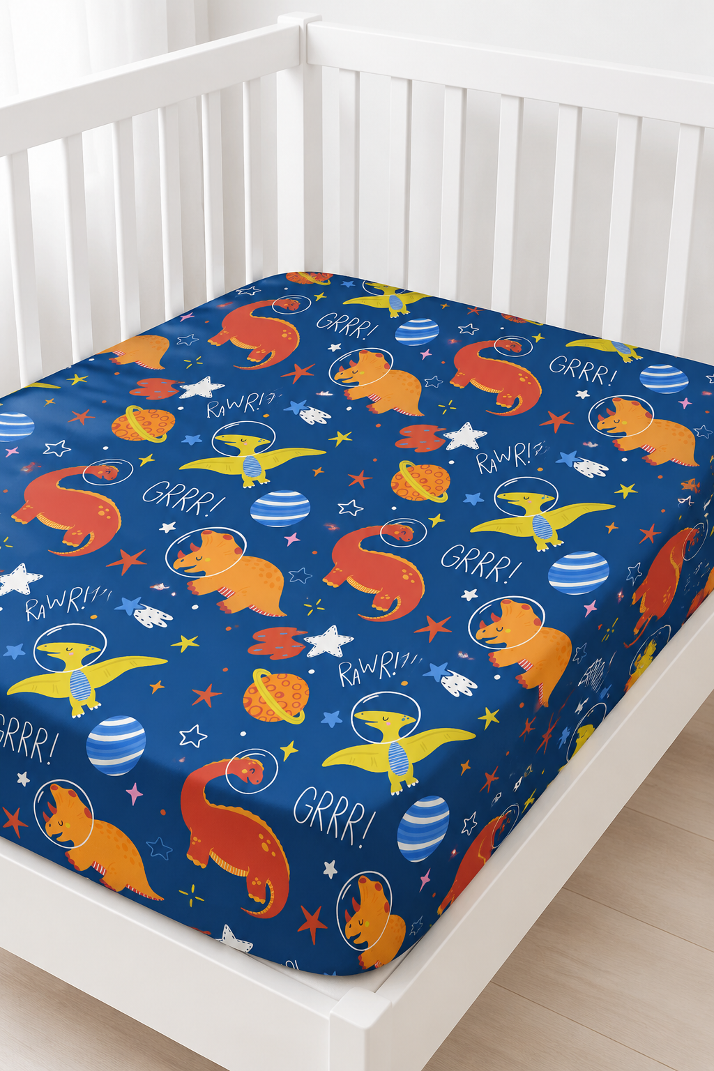 Blue Space Dinosaur Bamboo Fitted Crib Sheet by Rayn’s Tiny Stitches