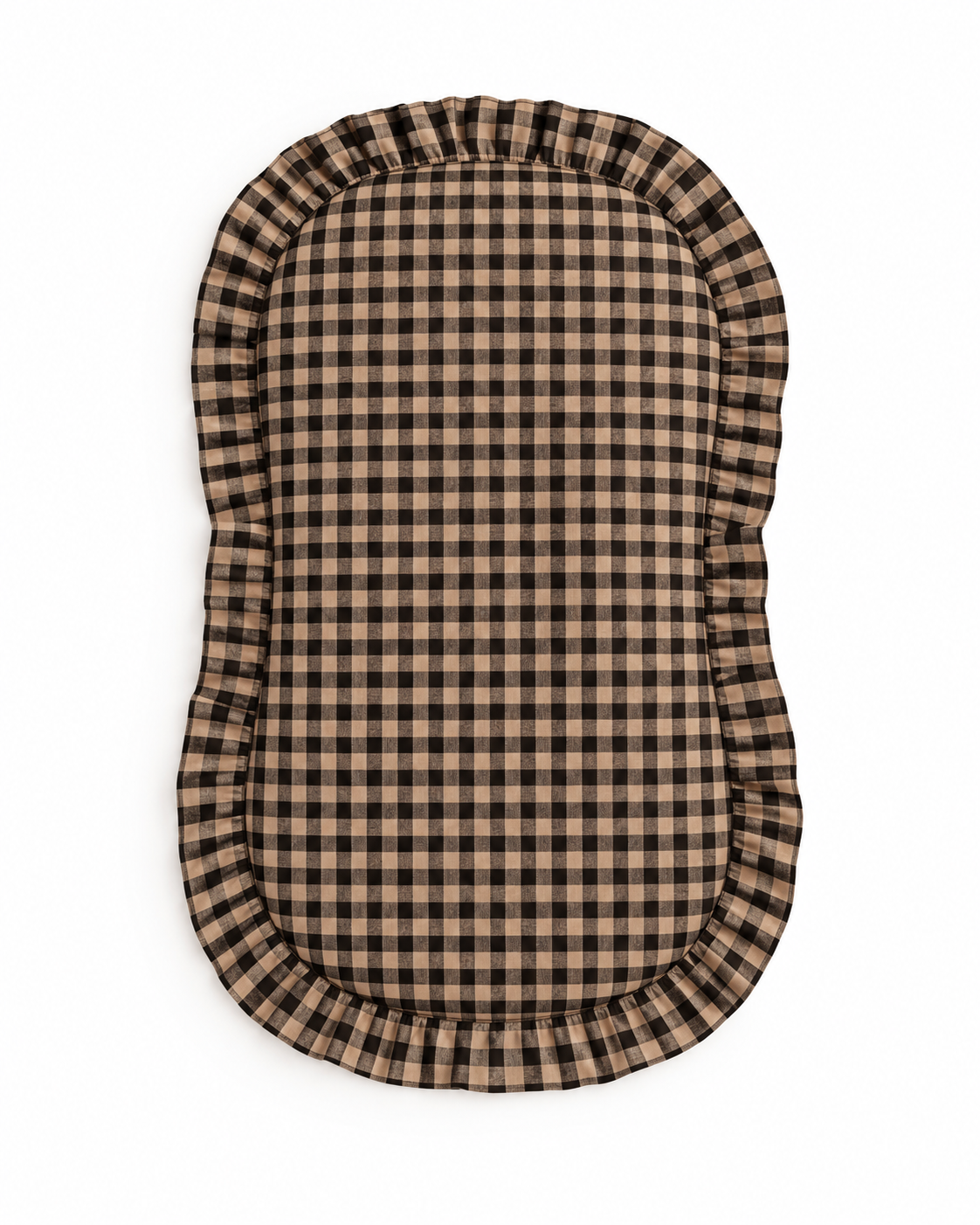 Baby lounger cover in brown and black gingham cotton with a ruffle trim along the top edge