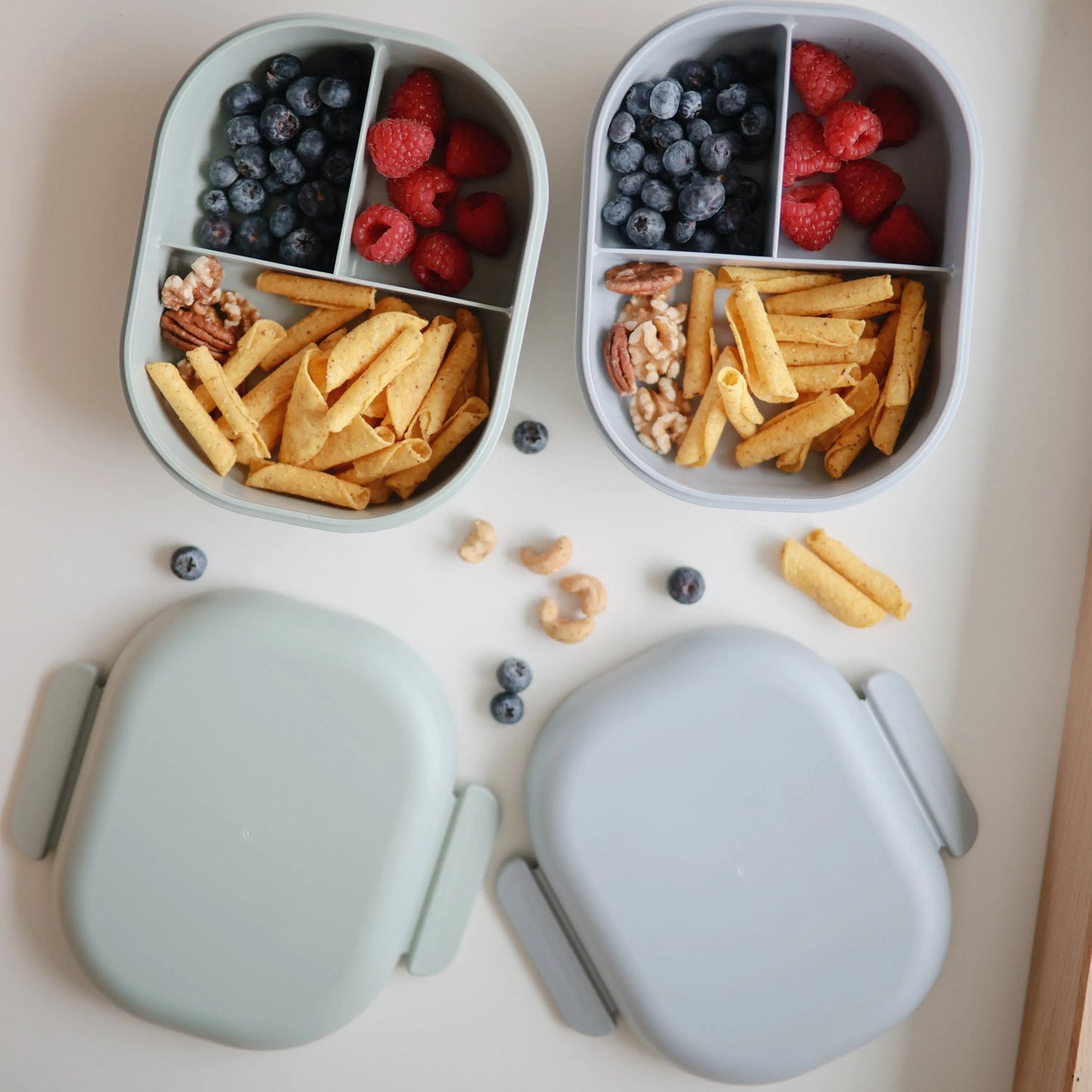 BPA Free Plastic Lunchbox with Built In Compartments and Locking Utensils Mushie