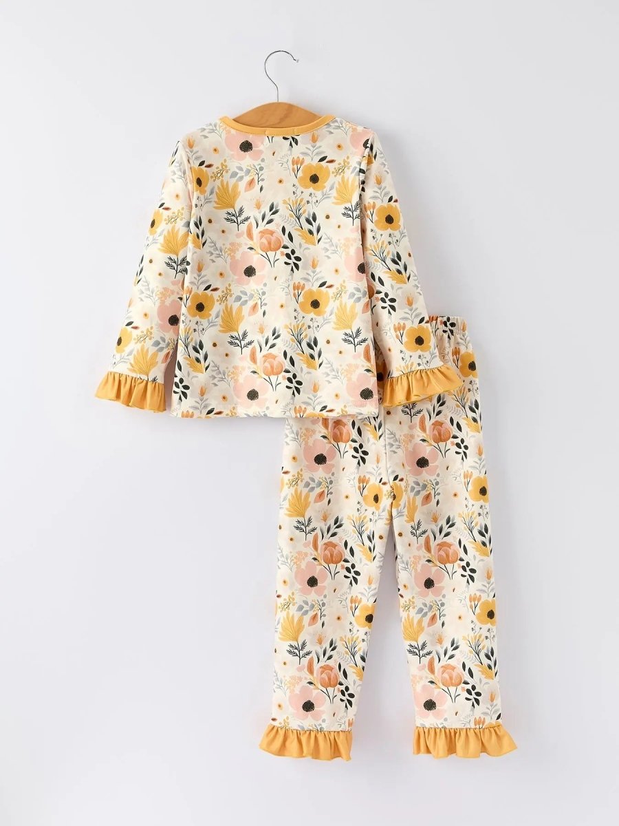 Fall Floral Print Girls Pajamas Set With Ruffle Details Rylee Faith Designs Everetts Place Boutique