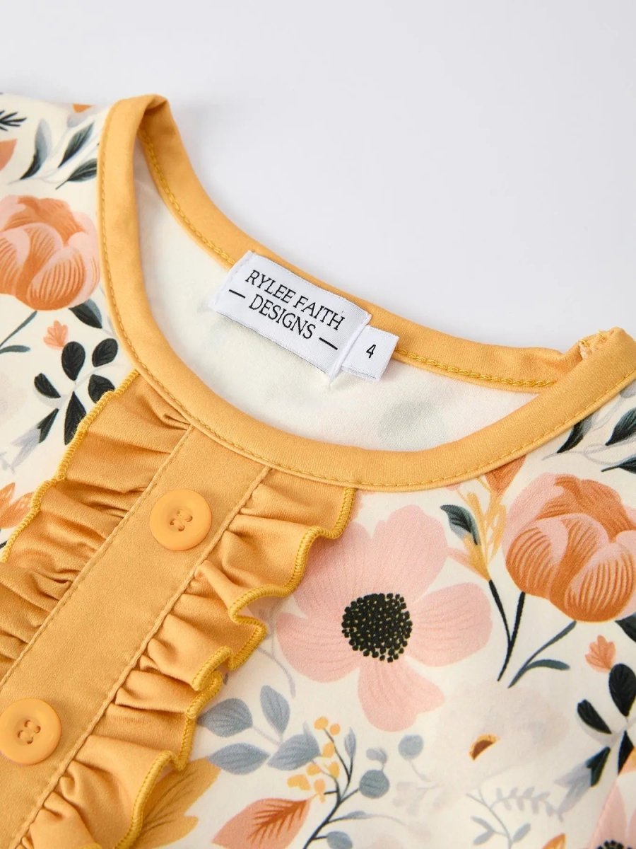 Fall Floral Print Girls Pajamas Set With Ruffle Details Rylee Faith Designs Everetts Place Boutique