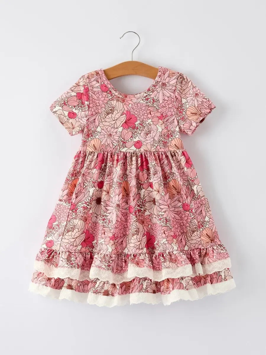 Fall Sweet Floral Pattern Dress with Pockets and Ruffle Hem for Girls - Day Dress, One-piece garment, Textile, Pink, Dress | Everetts Place