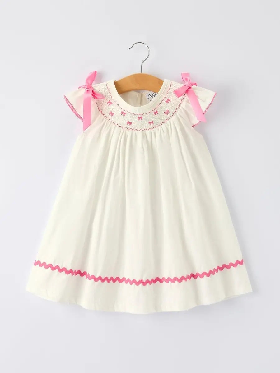 Rylee Faith Designs Fall White Girls Dress with Pink Bow Embroidery - 