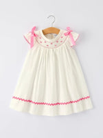 Rylee Faith Designs Fall White Girls Dress with Pink Bow Embroidery - 