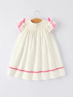 Rylee Faith Designs Fall White Girls Dress with Pink Bow Embroidery - 