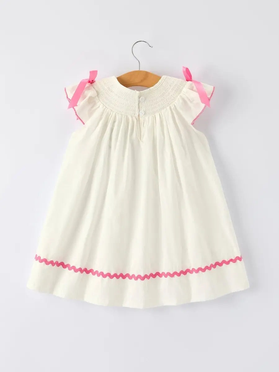 Rylee Faith Designs Fall White Girls Dress with Pink Bow Embroidery - 