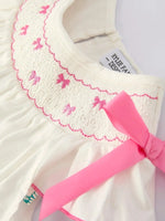 Rylee Faith Designs Fall White Girls Dress with Pink Bow Embroidery - 