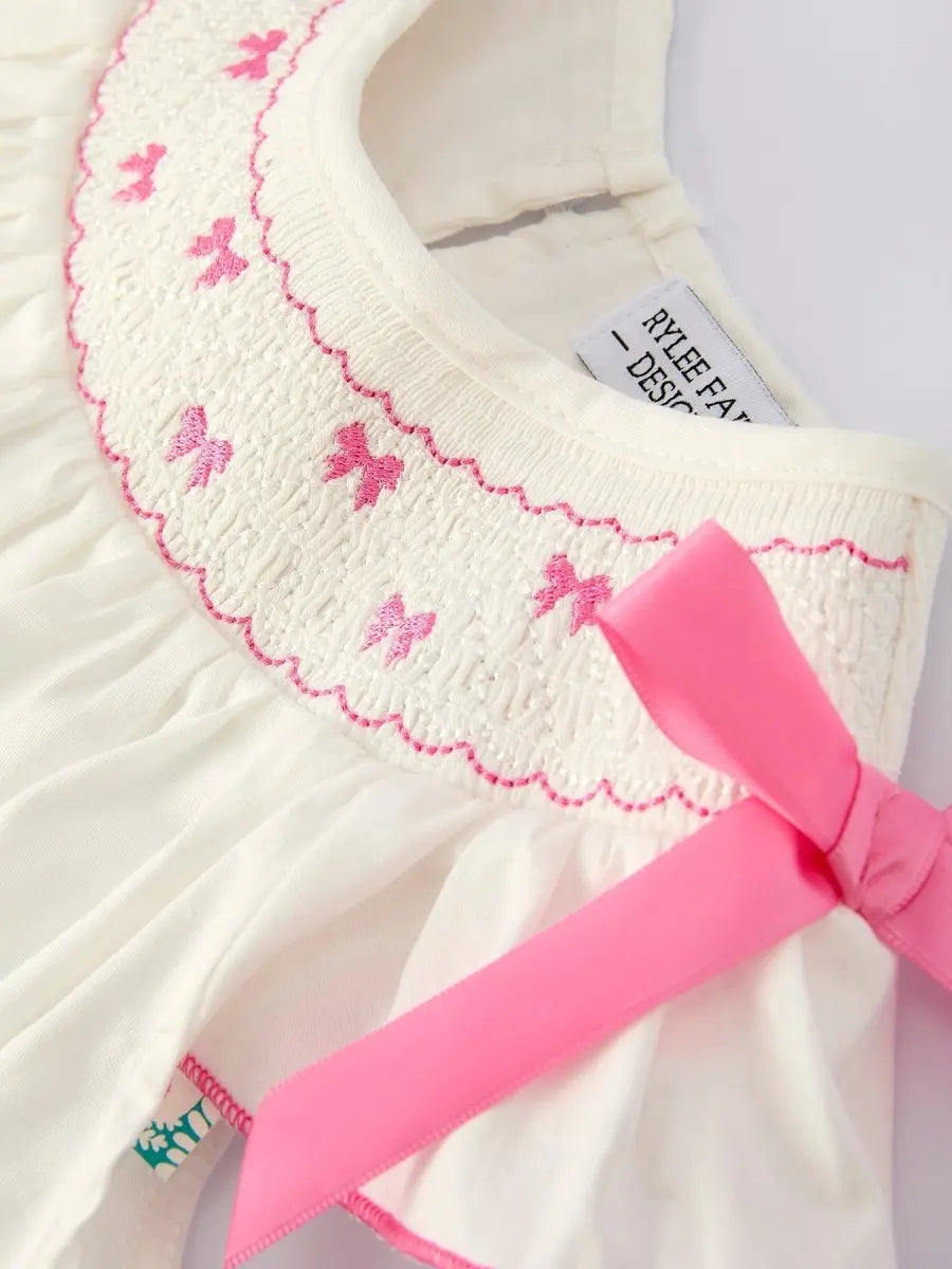 Rylee Faith Designs Fall White Girls Dress with Pink Bow Embroidery - 