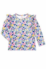 Long-sleeve girls' ruffle tee in a warm fall floral print with ruffle detail at the shoulders
