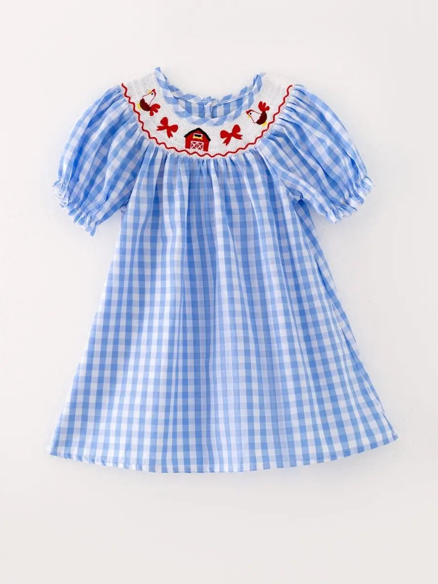 Rylee Faith Designs Farm Blue Smocking Embroidered Girls Dress - 
