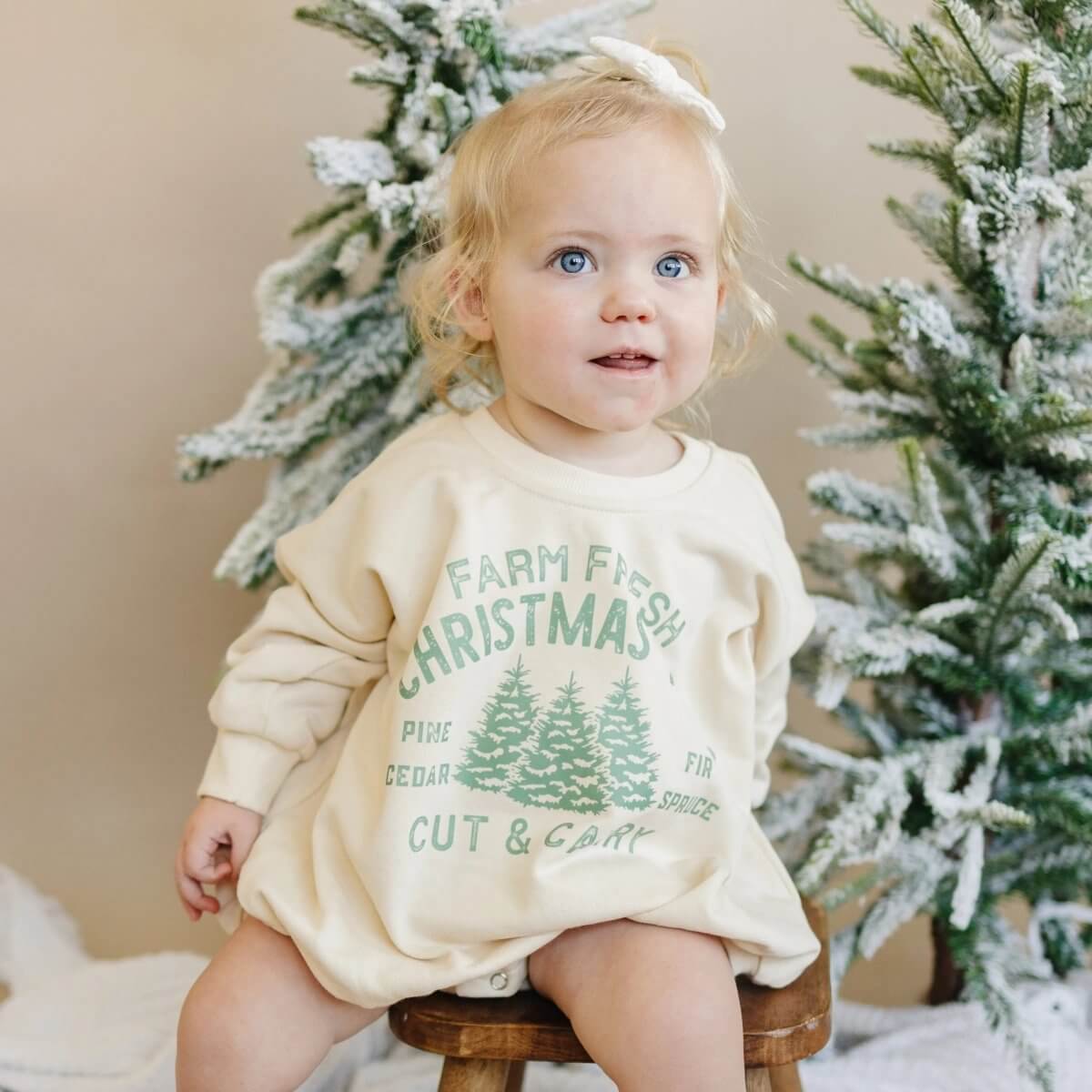 Farm Fresh Christmas Trees Sweatshirt Romper - Cream Little Joy Co. Everetts Place Boutique