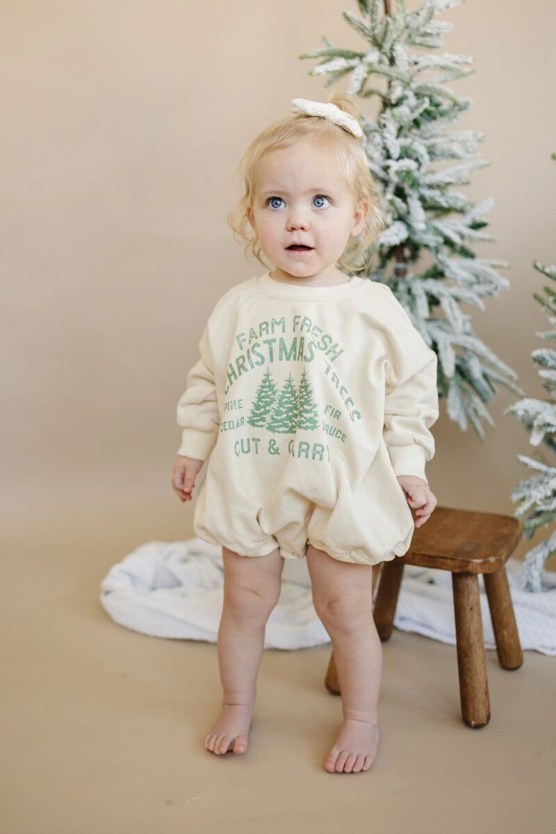 Little Joy Co. Farm Fresh Christmas Trees Sweatshirt Romper - Cream - Everetts Place Boutique - 