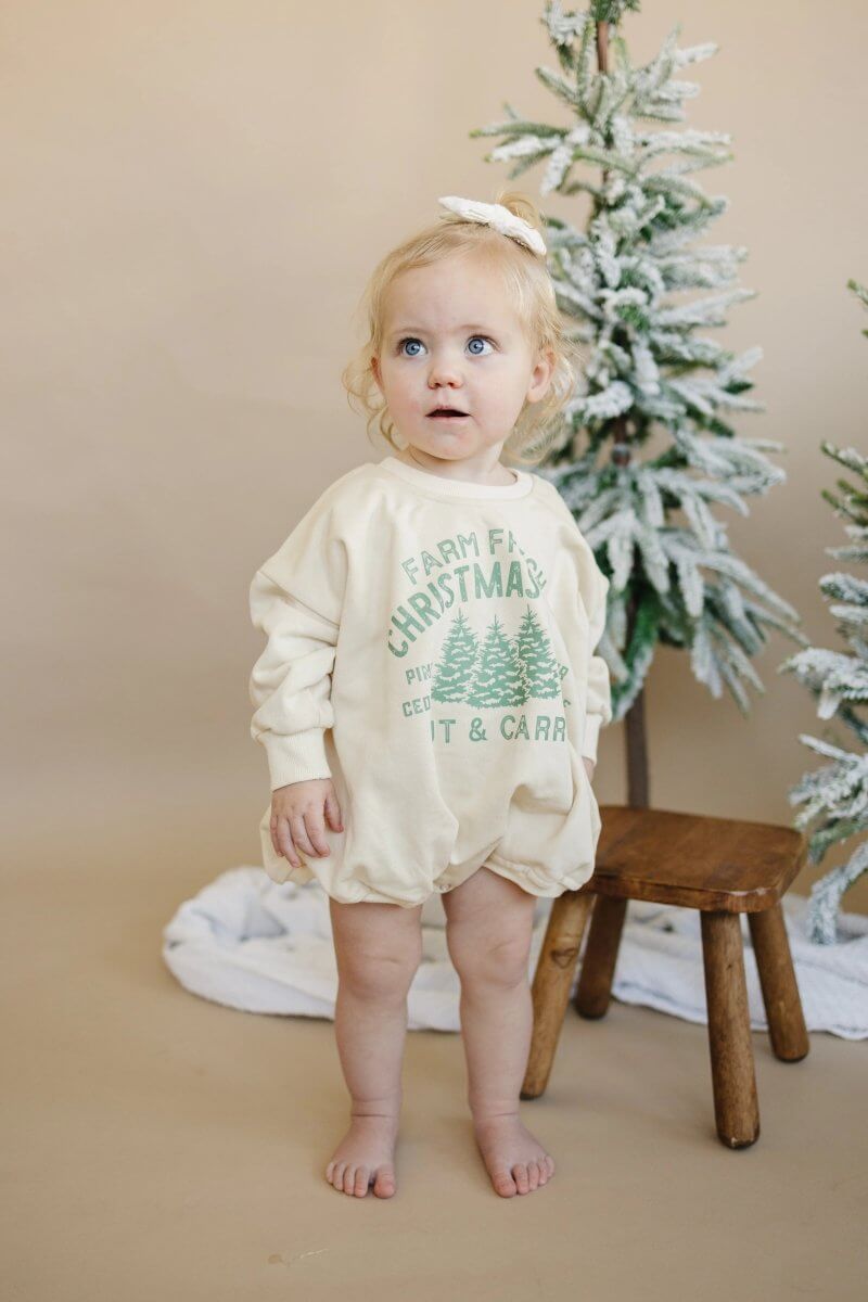 Little Joy Co. Farm Fresh Christmas Trees Sweatshirt Romper - Cream - Everetts Place Boutique - 