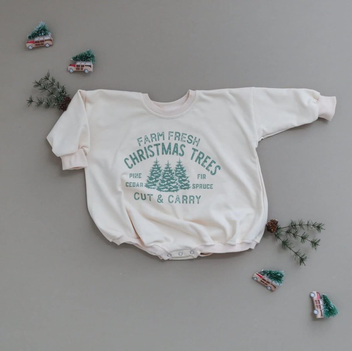 Farm Fresh Christmas Trees Sweatshirt Romper - Cream Little Joy Co. Everetts Place Boutique 34.00