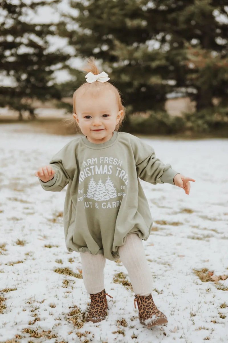 Little Joy Co. Farm Fresh Christmas Trees Sweatshirt Romper - Sage - Everetts Place Boutique - 