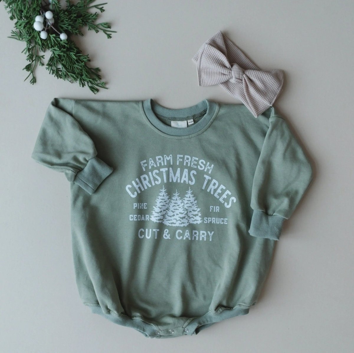 Little Joy Co. Farm Fresh Christmas Trees Sweatshirt Romper - Sage - Everetts Place Boutique - 