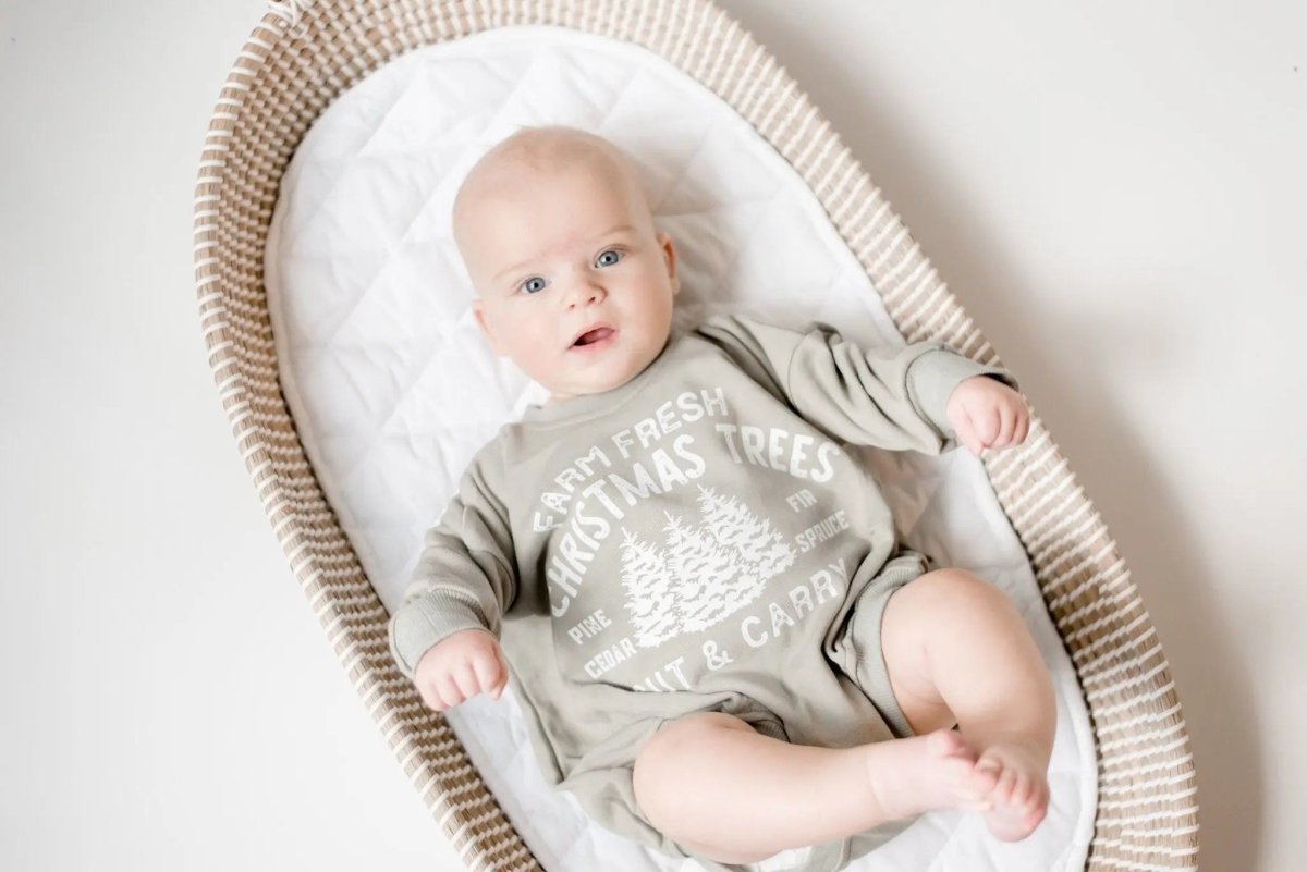 Little Joy Co. Farm Fresh Christmas Trees Sweatshirt Romper - Sage - Everetts Place Boutique - 