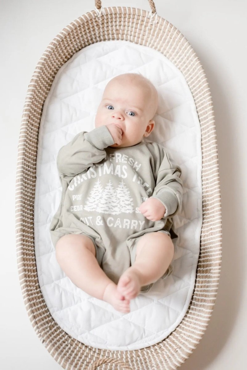 Little Joy Co. Farm Fresh Christmas Trees Sweatshirt Romper - Sage - Everetts Place Boutique - 