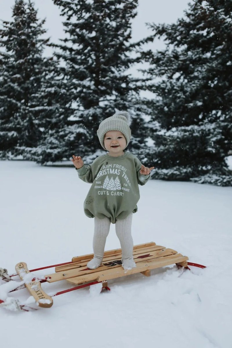 Little Joy Co. Farm Fresh Christmas Trees Sweatshirt Romper - Sage - Everetts Place Boutique - 