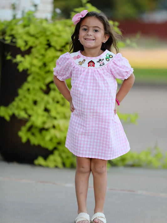 Farm Pink Smocking Embroidered Girls Dress for Thanksgiving Celebrations Rylee Faith Designs Everetts Place: Online Boutique