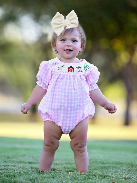 Farm Pink Smocking Embroidered Girls Romper for Thanksgiving Celebrations Rylee Faith Designs Everetts Place: Online Boutique