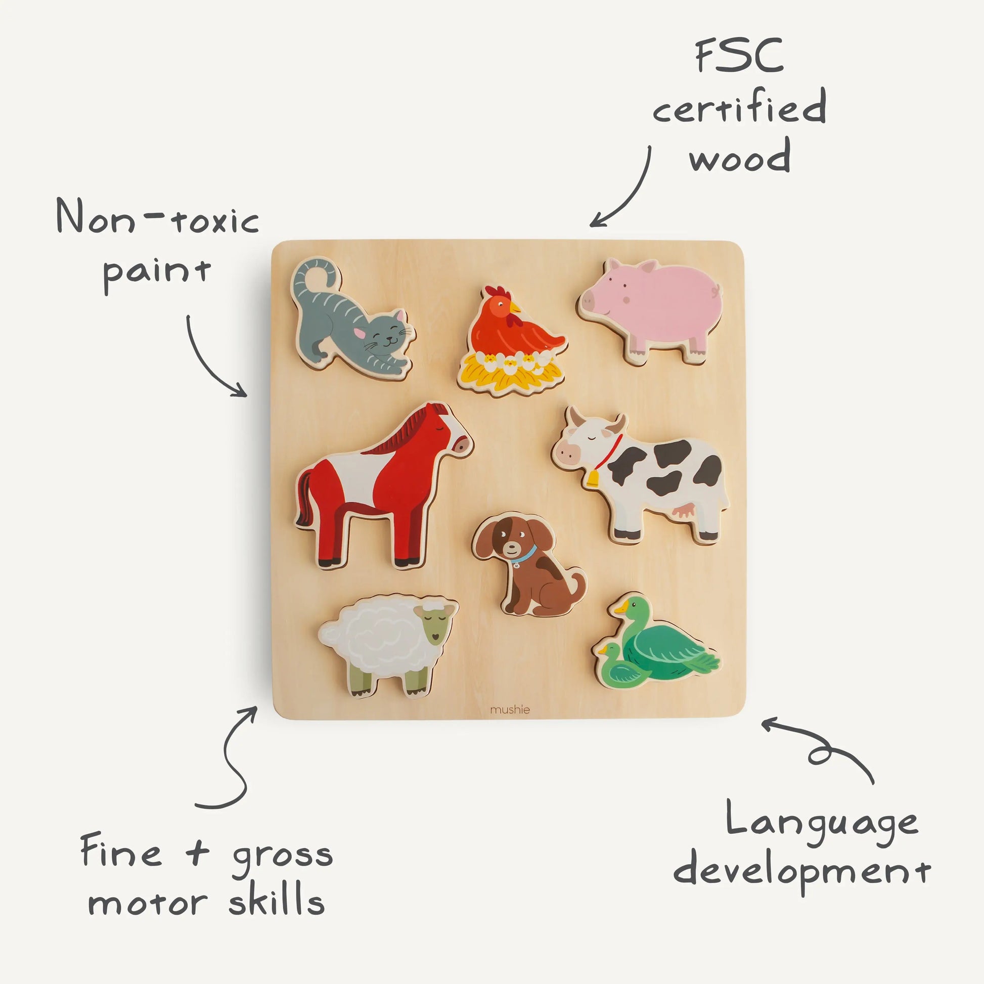 Wooden Farm Puzzle for Kids with Eight Barnyard Animal Pieces and Non-Toxic Paint Mushie