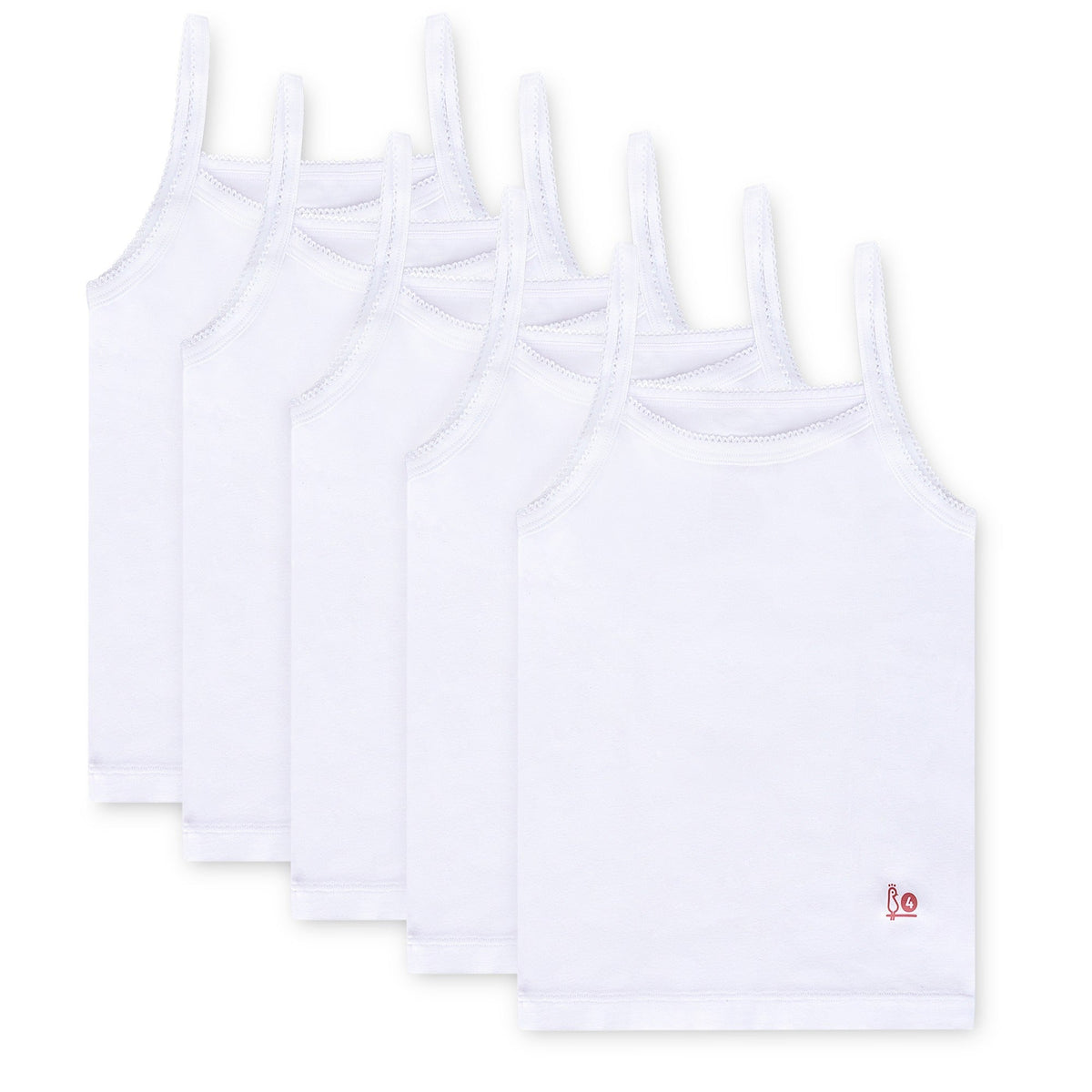 Five girls' camisole tank tops laid flat, tagless sleeveless undershirts with narrow shoulder straps