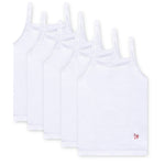 Five girls' camisole tank tops laid flat, tagless sleeveless undershirts with narrow shoulder straps