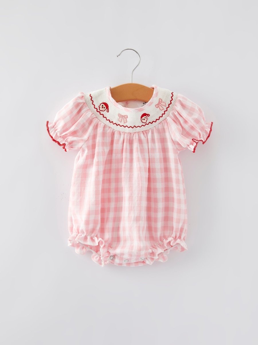 Rylee Faith Designs Festive Christmas Santa Embroidered Plaid Girls Romper - Everetts Place Boutique - 
