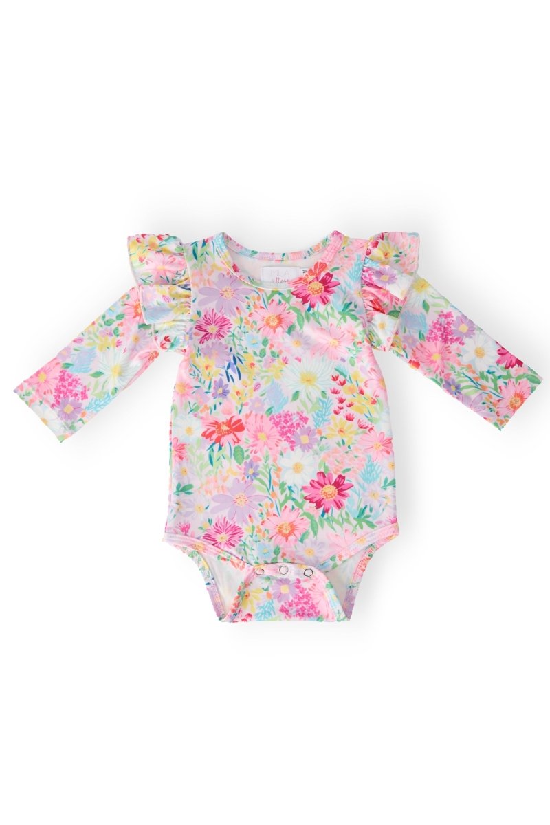 Mila & Rose ® Field Of Flowers Long Sleeve Flutter Bodysuit For Baby - Everetts Place Boutique - 