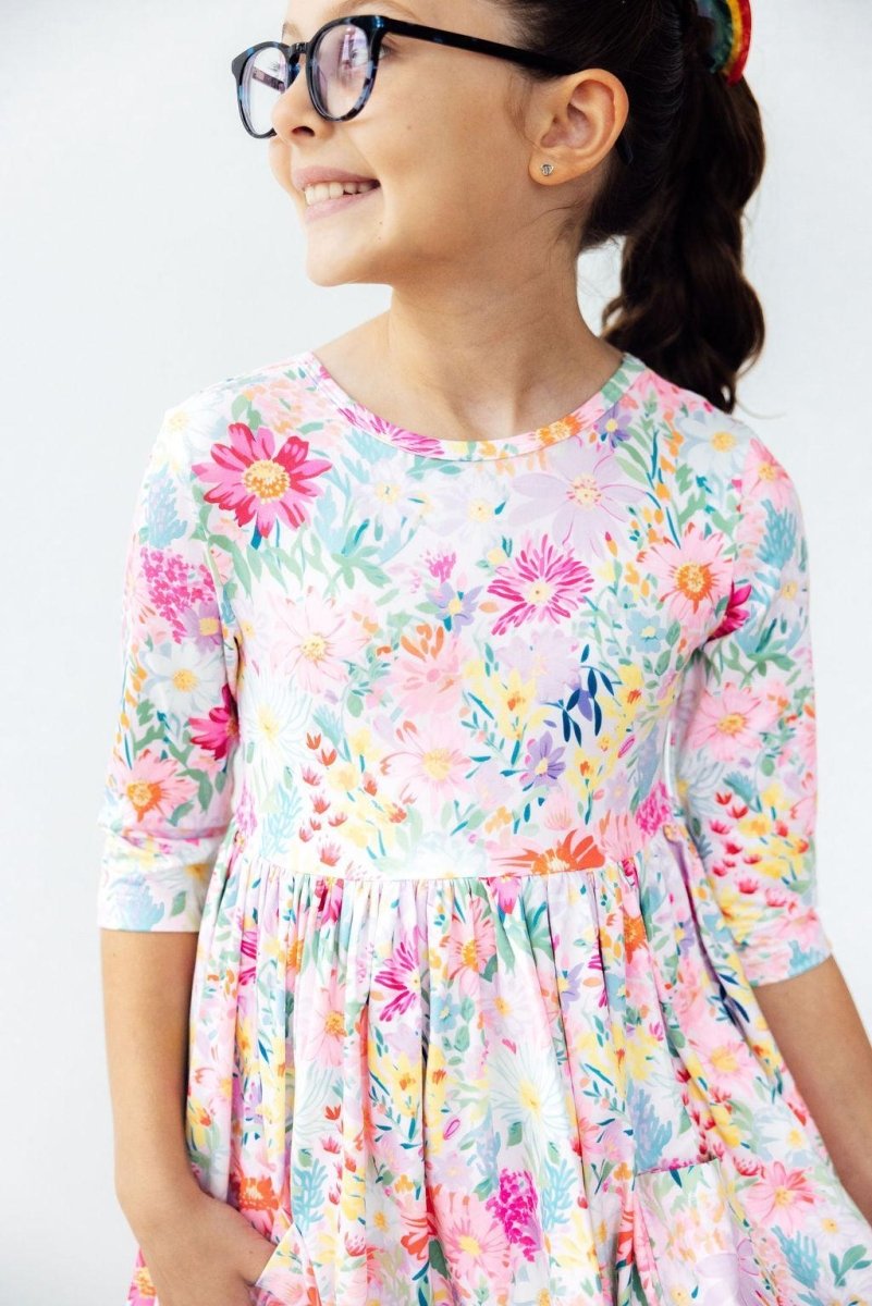 Mila & Rose ® Field Of Flowers Twirl Dress Three Quarter Sleeve Pocket - Everetts Place Boutique - 