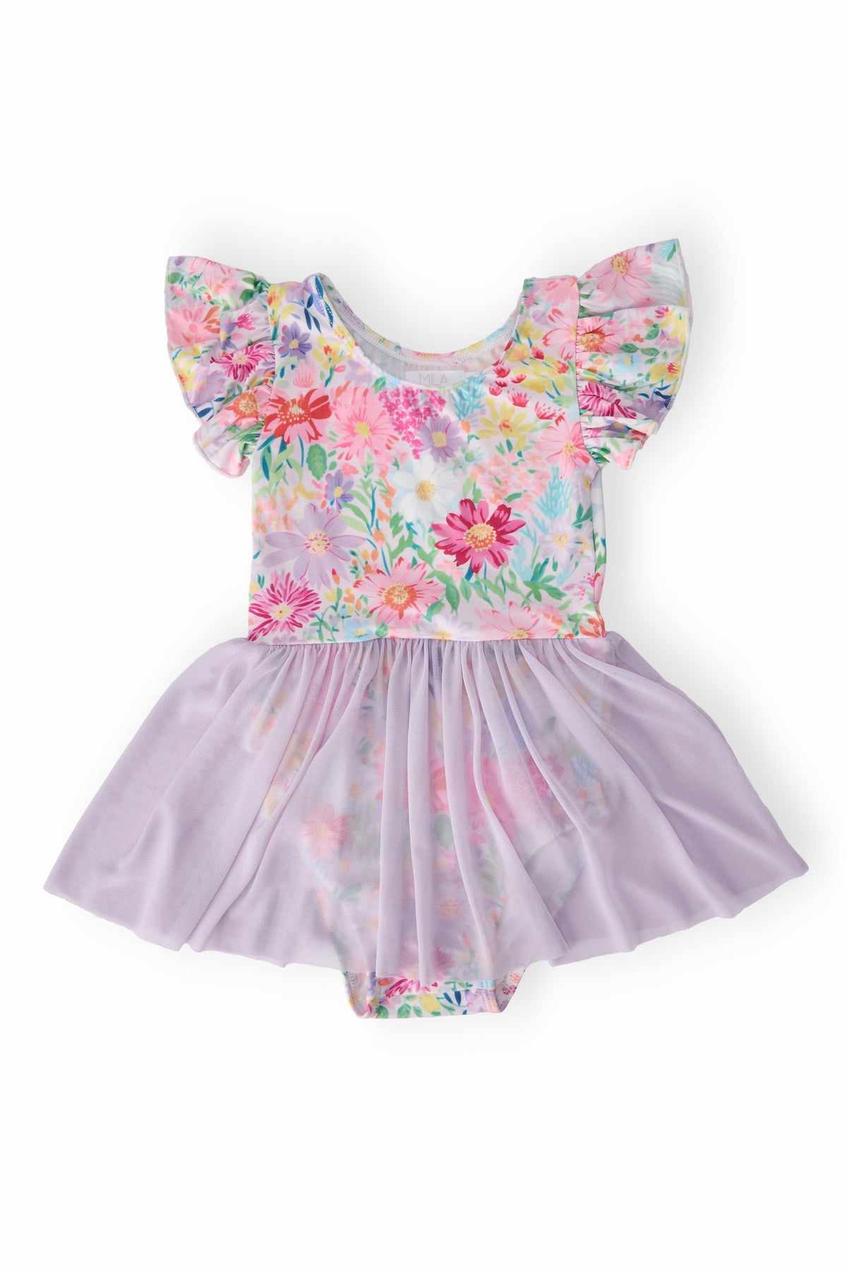Short-sleeve twirl leotard in a field of flowers floral print with a flowy attached skirt