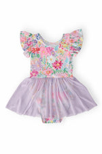 Short-sleeve twirl leotard in a field of flowers floral print with a flowy attached skirt