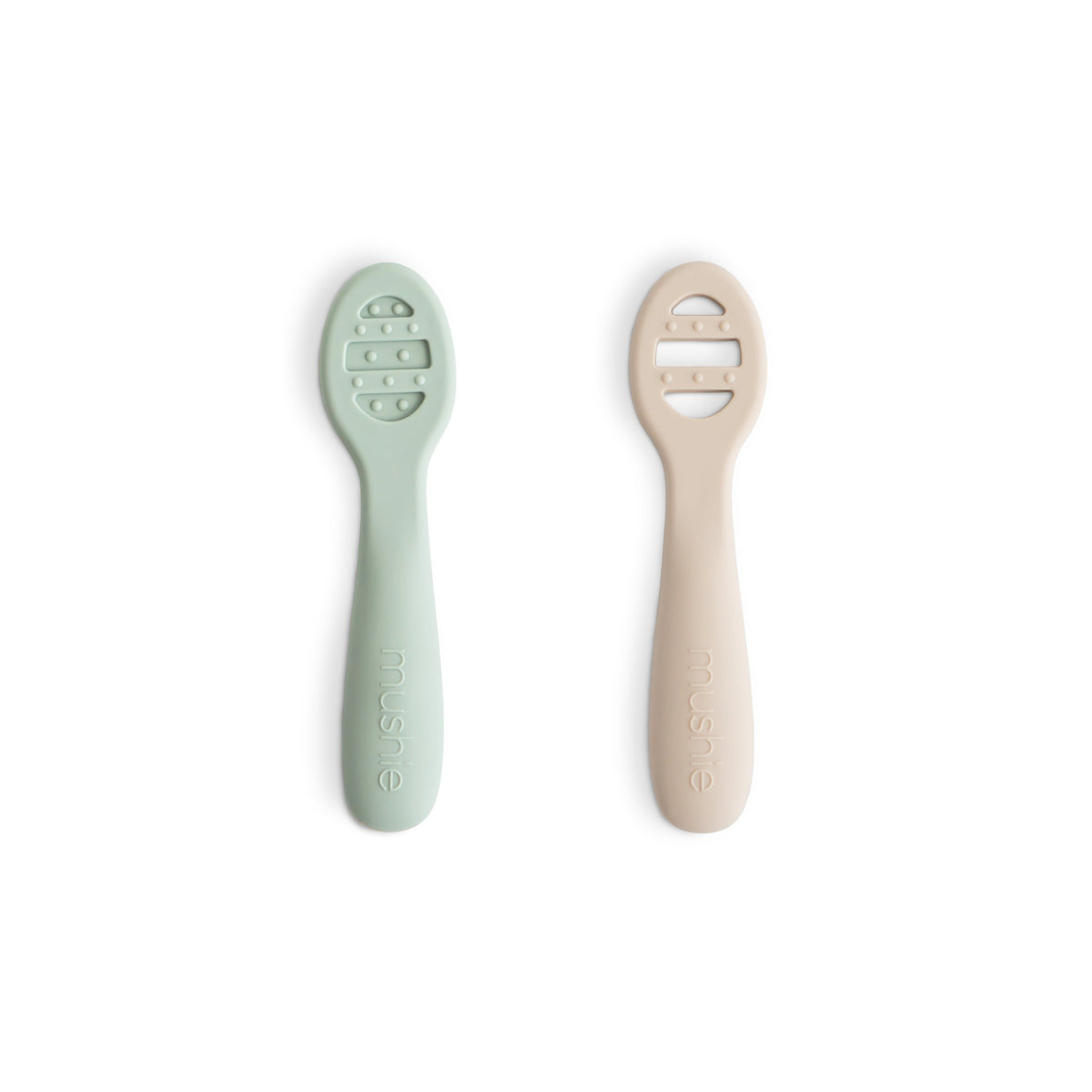 Set of flat baby feeding spoons, one solid and one with open slots, both with raised sensory dots along the sides.