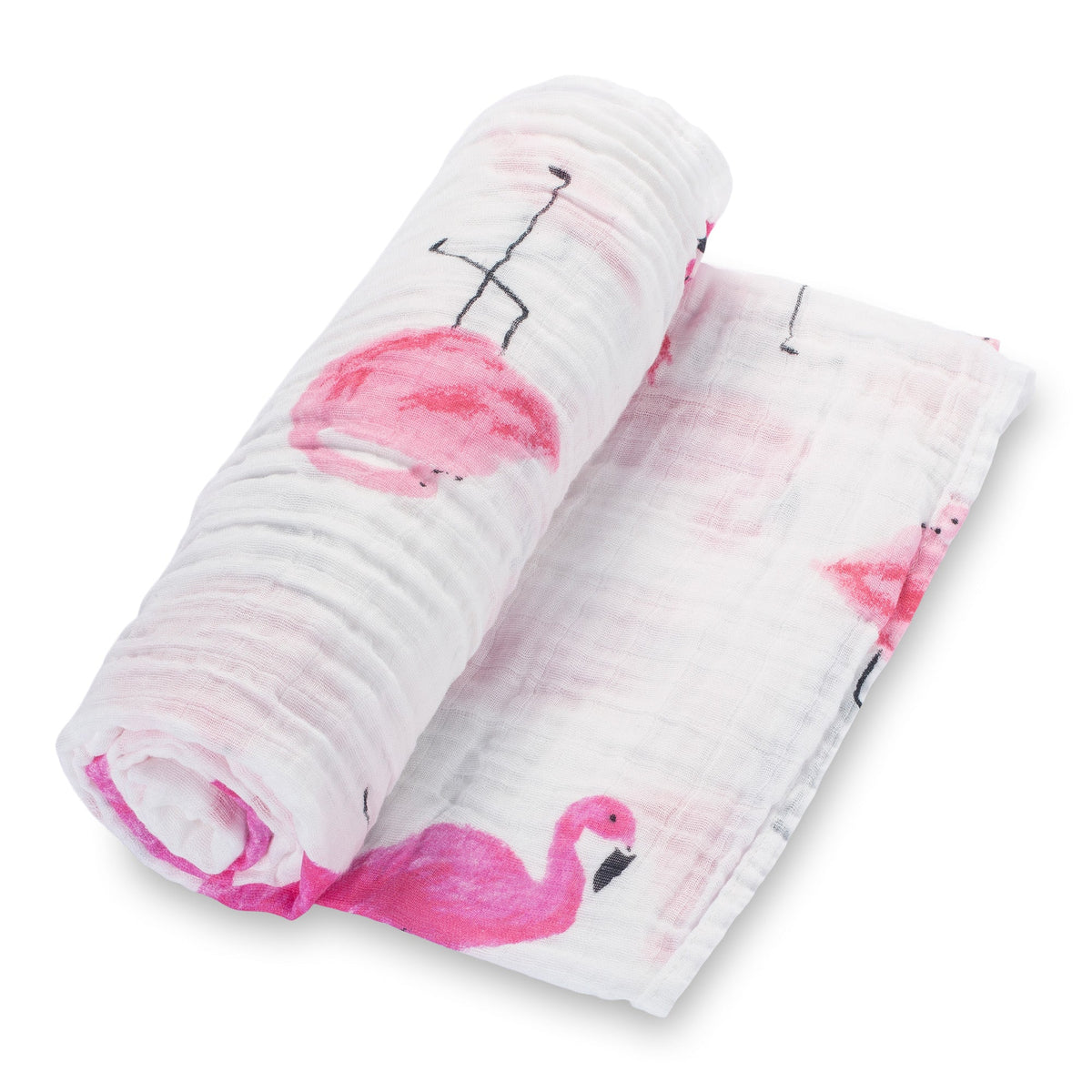 Swaddle blanket in white with watercolor flamingo print in bright pink and magenta with black outlines