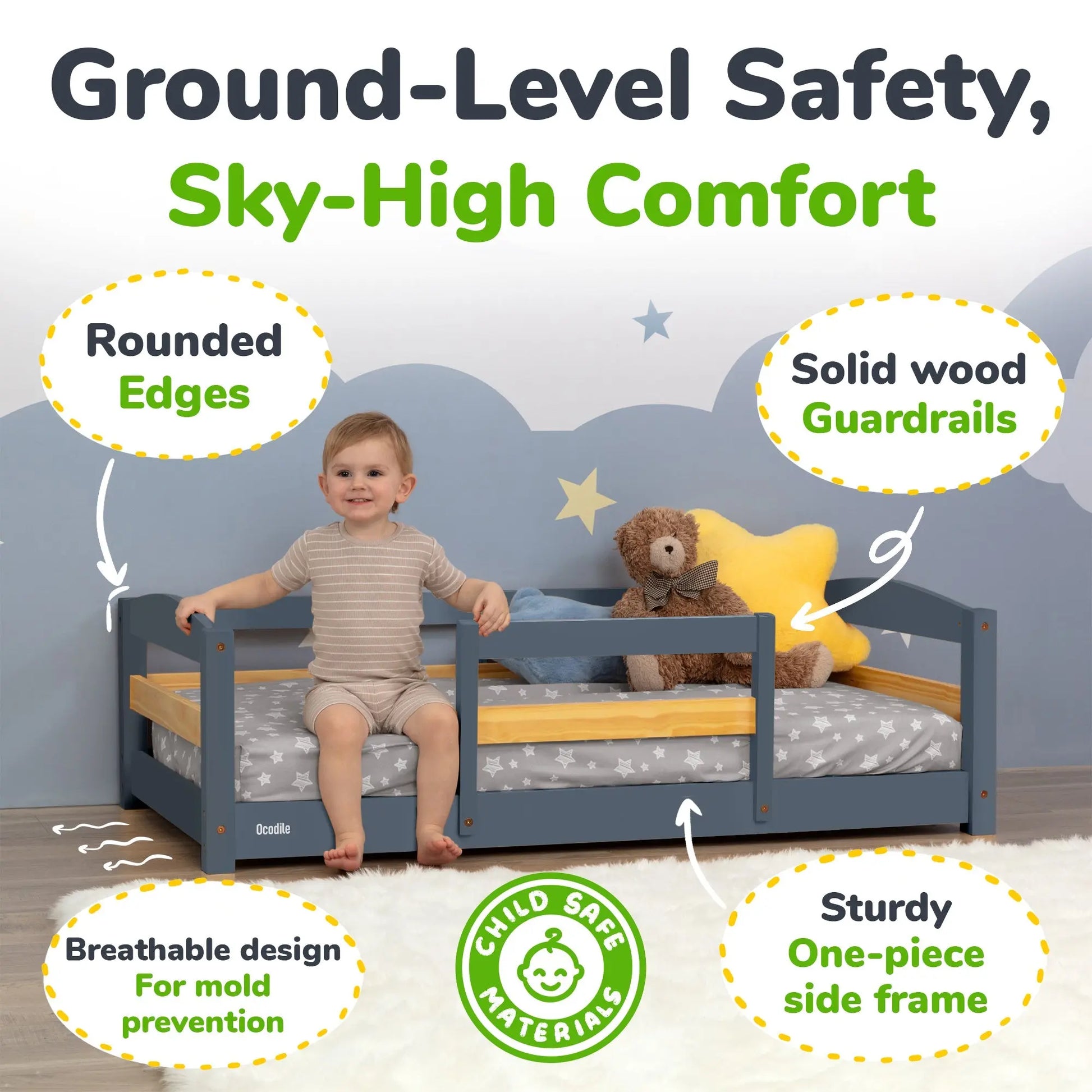 Ocodile.com Cozy Floor Bed for Toddlers with Crib Mattress Compatibility for Easy Transition - Furniture > Baby & Toddler Furniture > Cribs & Toddler Beds > Toddler Beds