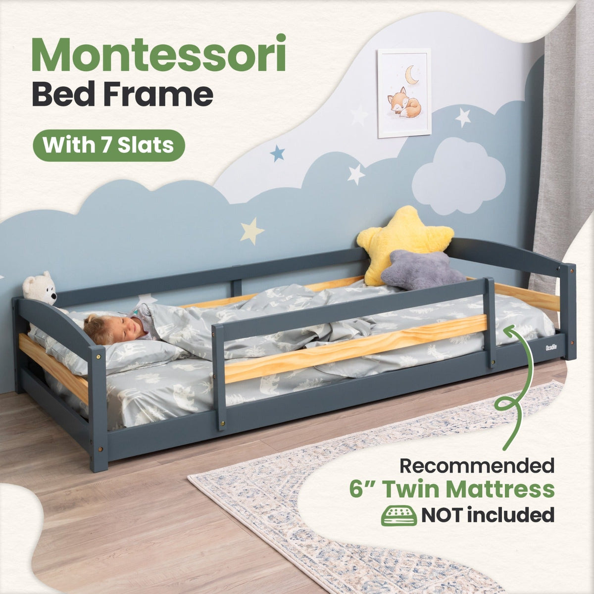 Twin Size Montessori-Inspired Floor Bed with Safety Guardrails for Kids by Ocodile.com