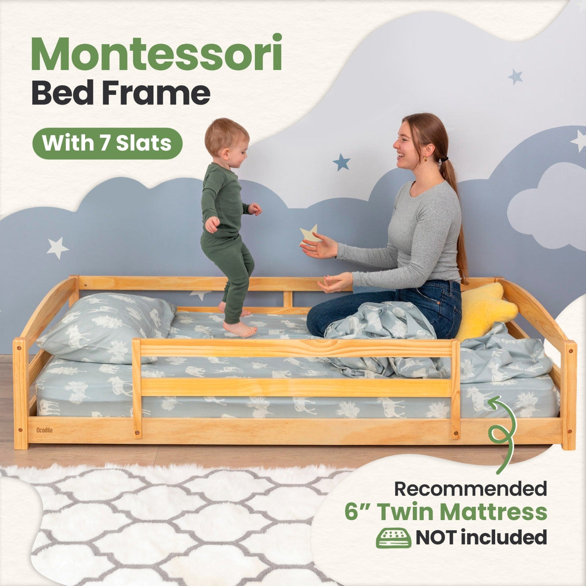 Twin Size Montessori-Inspired Floor Bed with Safety Guardrails for Kids by Ocodile.com