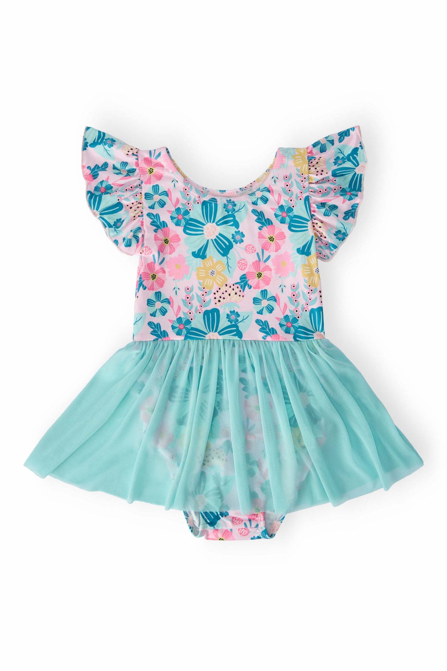 Short sleeve twirl leotard with floral garden print and attached twirl skirt