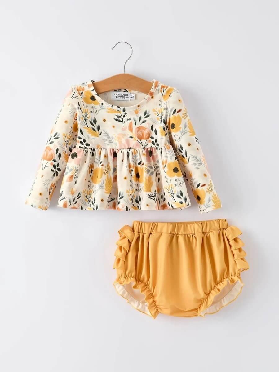 Rylee Faith Designs Floral Print Baby Girls Long Sleeve Top And Ruffle Bloomers - Everetts Place Boutique - 