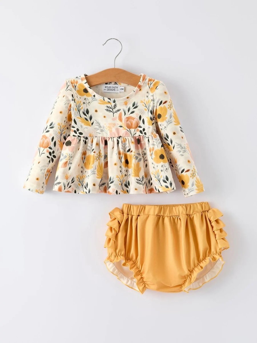 Floral Print Baby Girls Long Sleeve Top And Ruffle Bloomers Rylee Faith Designs Everetts Place Boutique