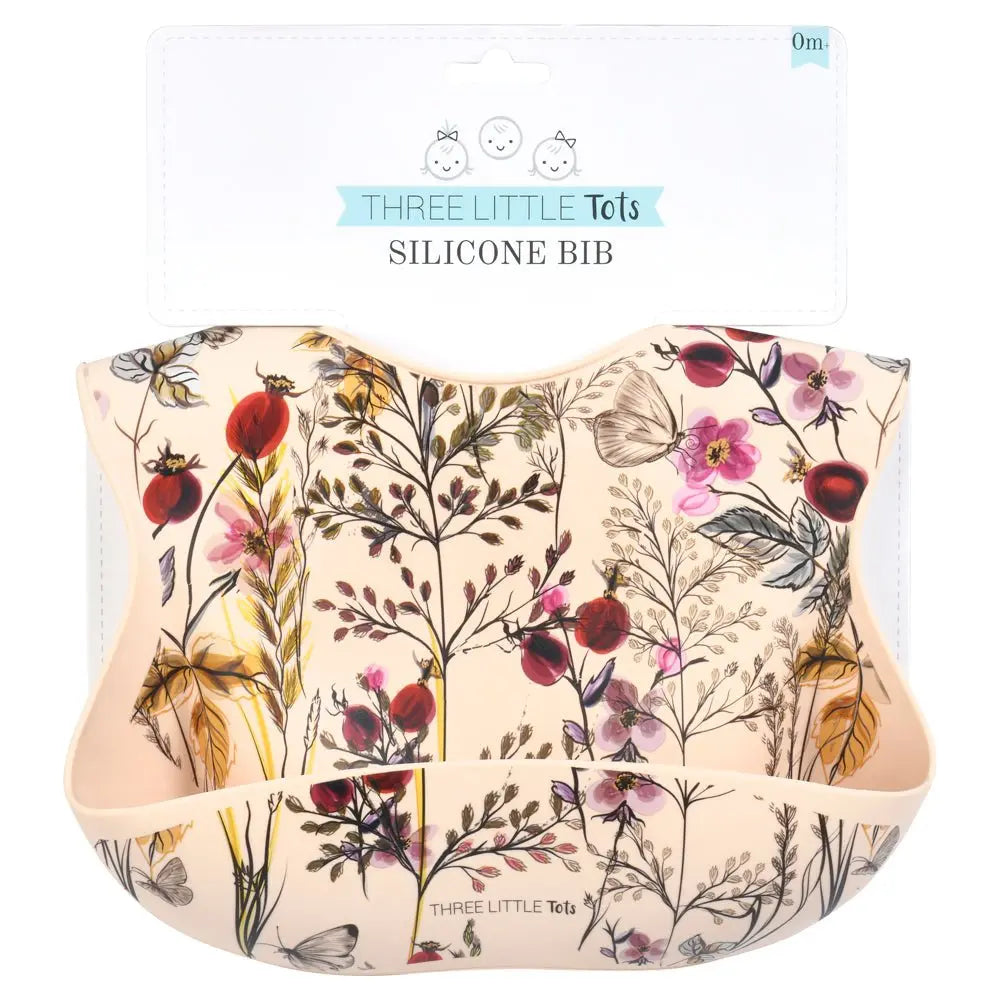 Three Little Tots Floral Silicone Bib with Crumb Catcher - 