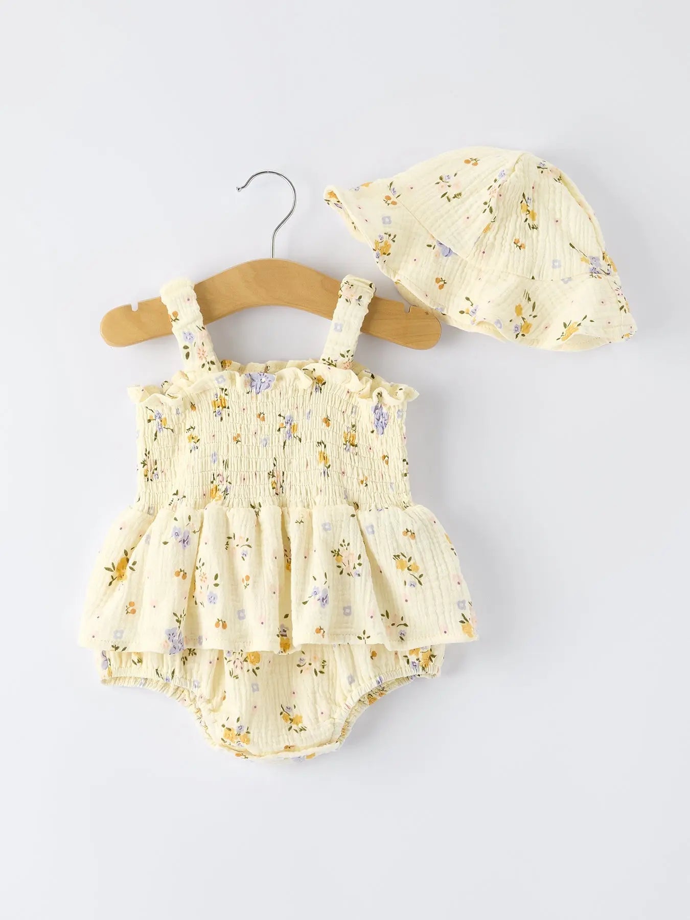Rylee Faith Designs Floral Smocked Baby Romper with Matching Hat - 
