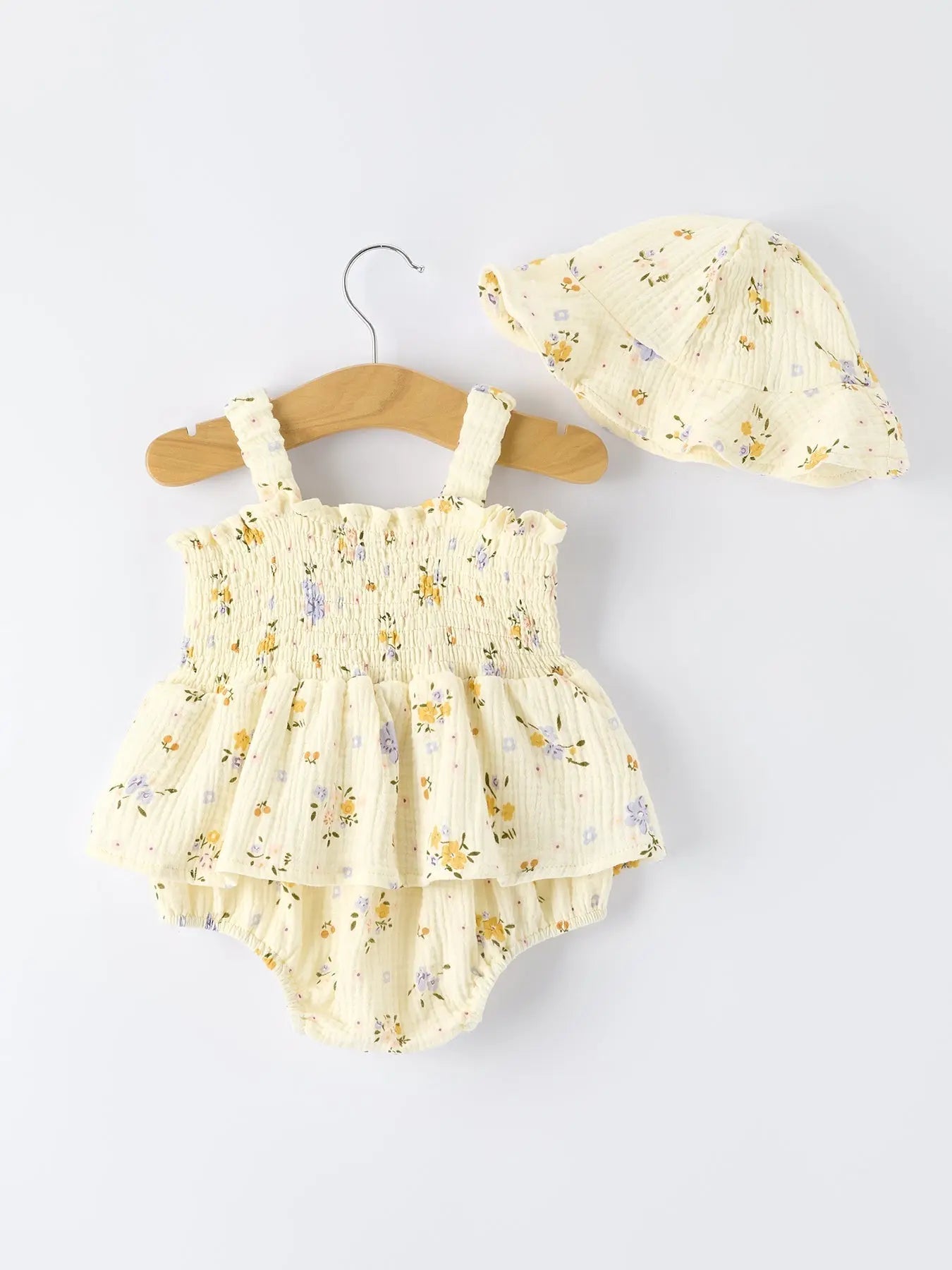 Rylee Faith Designs Floral Smocked Baby Romper with Matching Hat - 