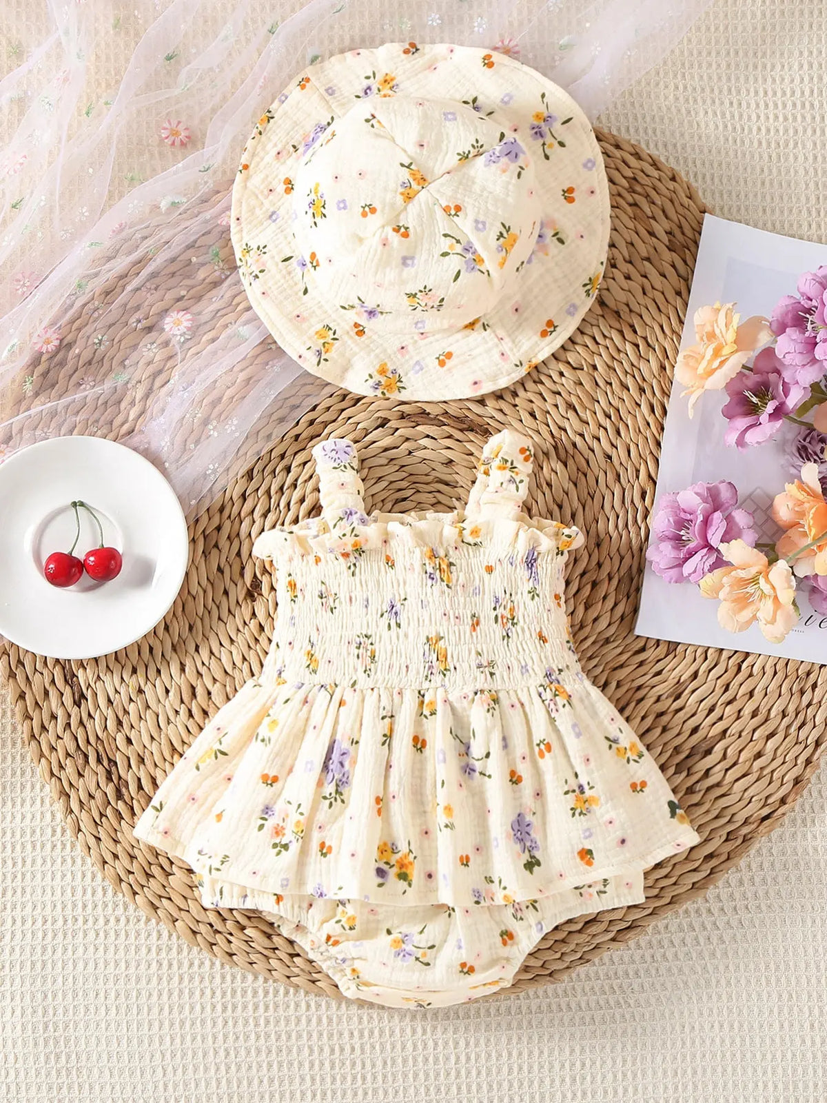 Rylee Faith Designs Floral Smocked Baby Romper with Matching Hat - 