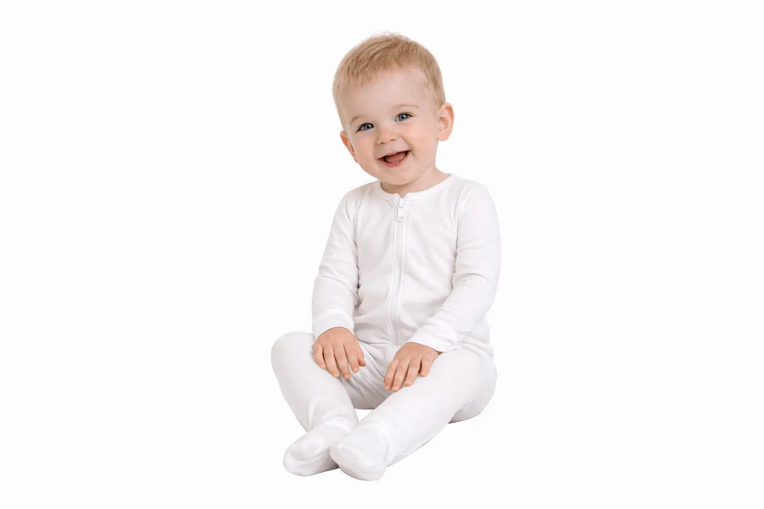 Flour White, Bamboo Zipper Footie - Sleeve, White, Happiness, Child, Facial expression | Everetts Place