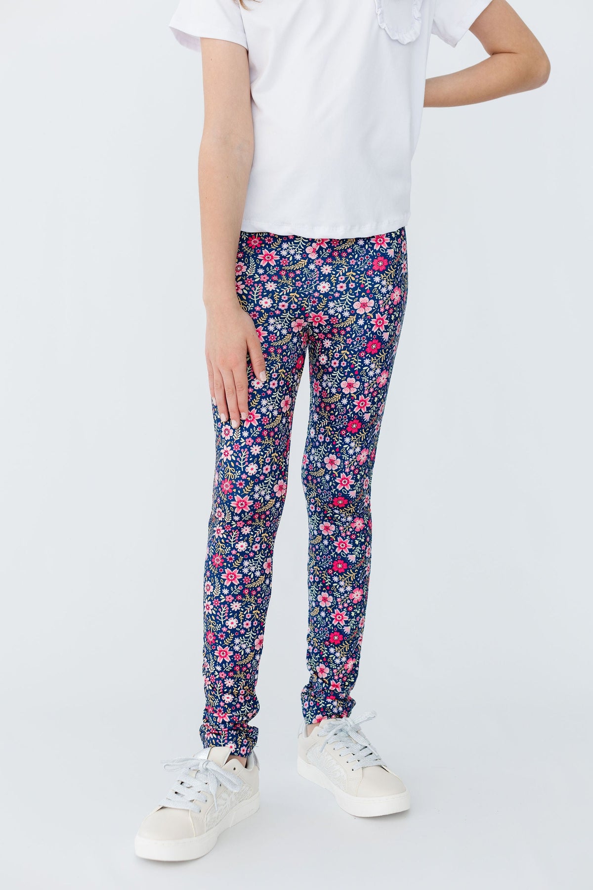 Mila & Rose Flower Farm organic baby leggings, colorful floral print.