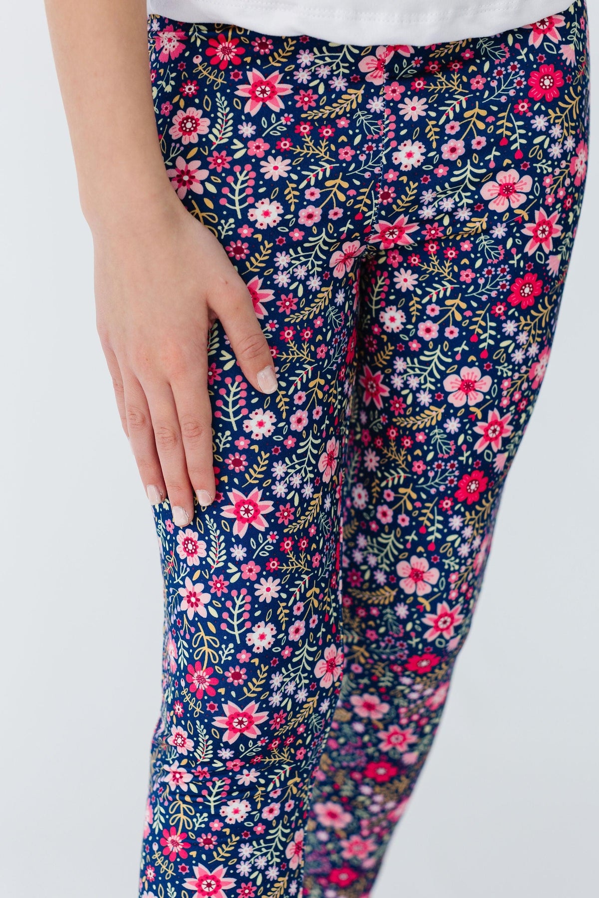 Mila & Rose Flower Farm organic baby leggings, vibrant floral print.